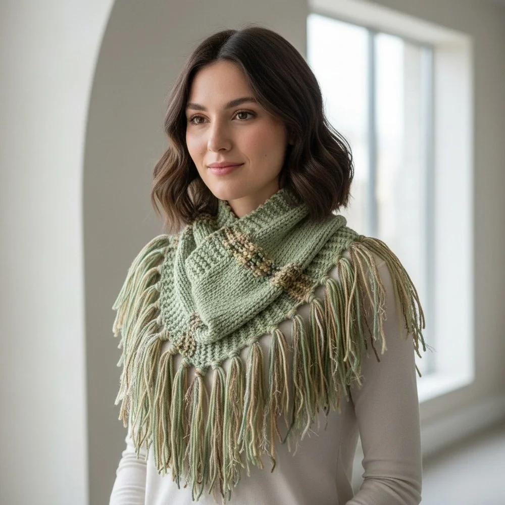 NEW Hand Knitted‎ Green Ombre Boho Cowl Scarf Artsy Cottage Coastal Indie Chic